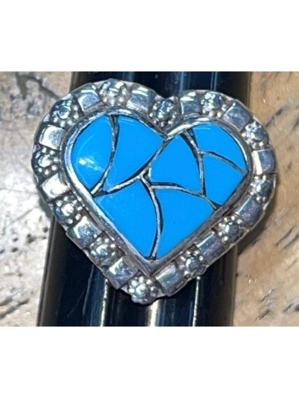 Zuni jewelry handmade sterling silver inlay turquoise heart ring band size 8
